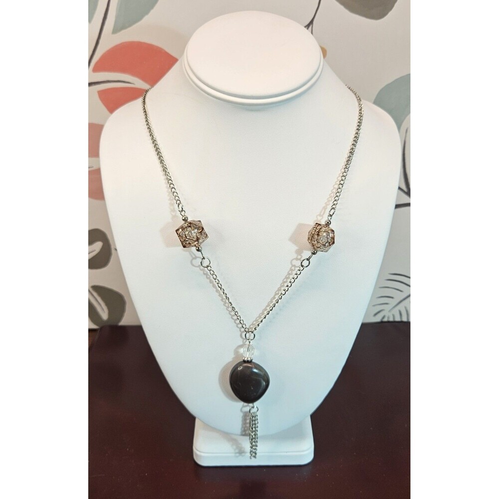 Silver Tone Necklace w/ Smoky Color Faceted Lucite Beads w/ Black Pendant 28"